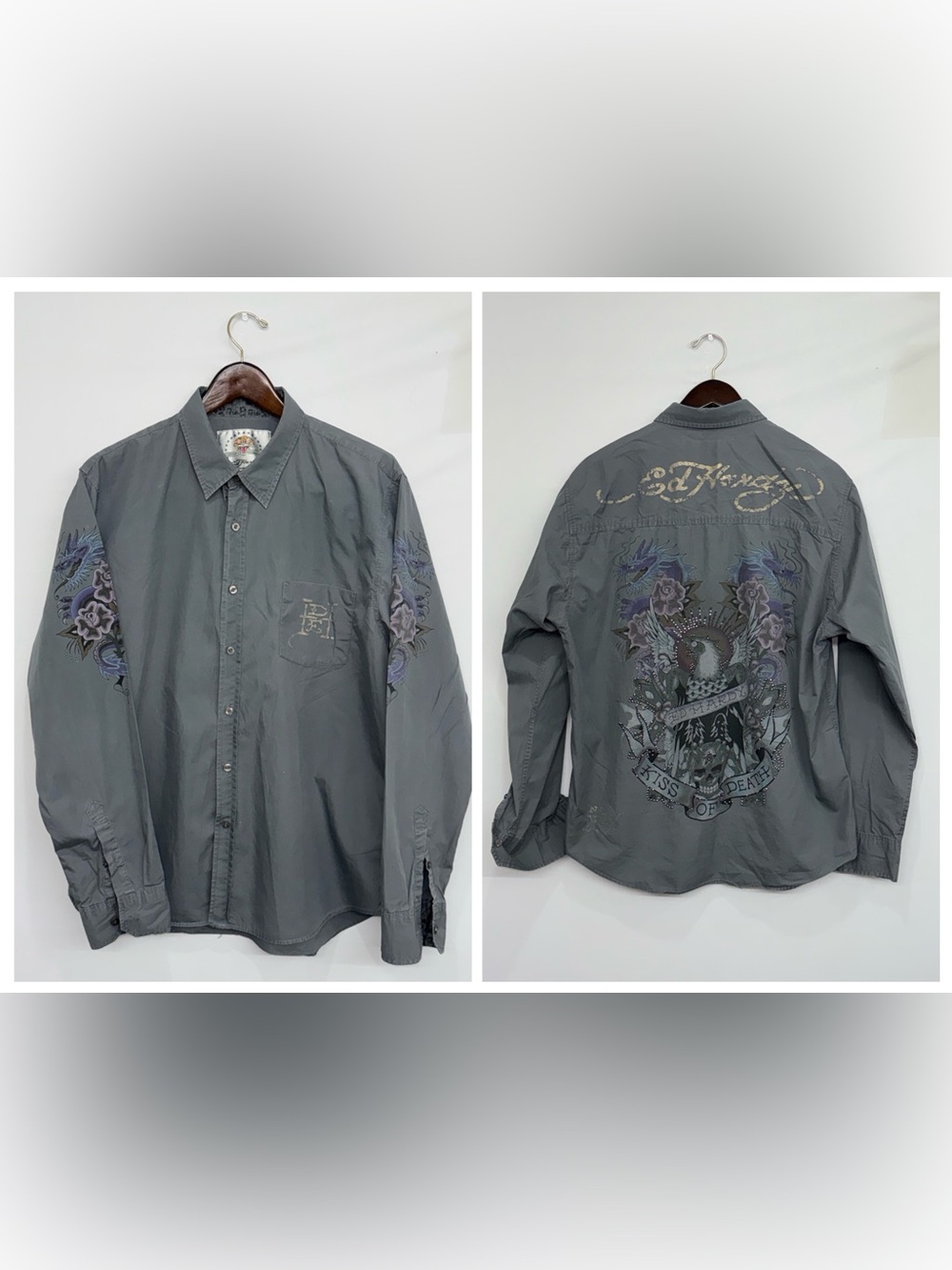 Vintage Ed Hardy Kiss Of Death  Men’s XL Dragons/Roses Rhinestone Button Down